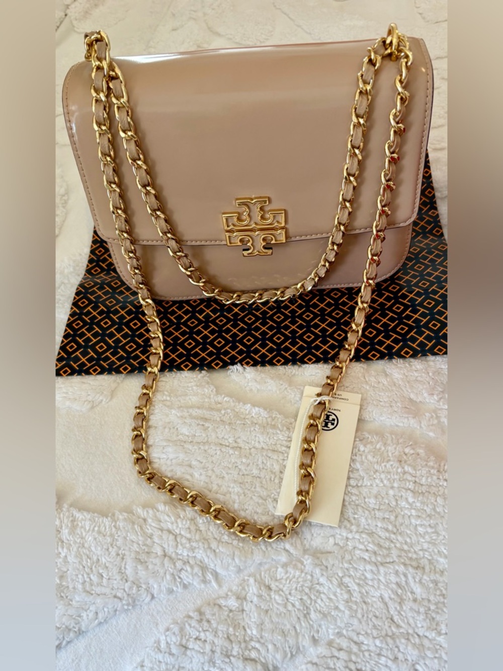 Tory Burch Patent Britten Patent Leather Bag in Blush Nude with Gold Hardware